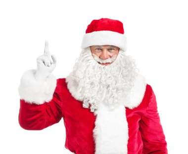 Beyaz arka planda işaret parmağı yla noel baba portresi