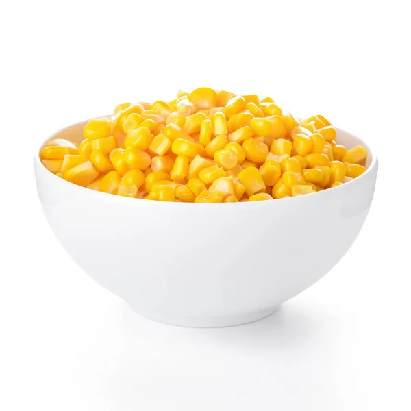 Bowl with corn kernels on white background — Stock Photo, Image