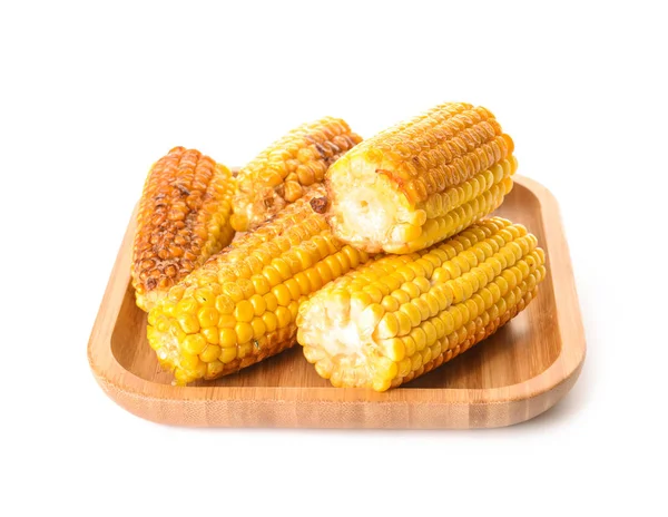 Plate with tasty grilled corn cobs on white background — Stock Photo, Image