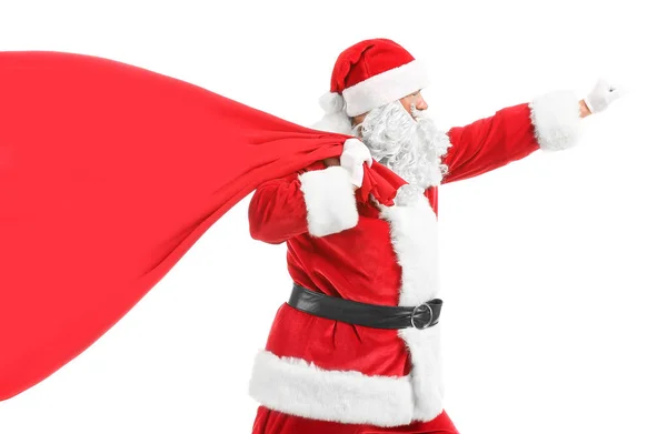 Porträt des Weihnachtsmannes mit großer Tasche auf weißem Hintergrund — Stockfoto