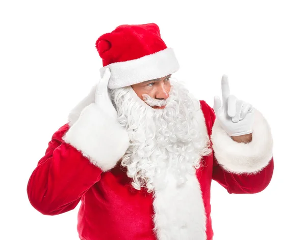 Retrato de Santa Claus tratando de escuchar algo sobre fondo blanco —  Fotos de Stock