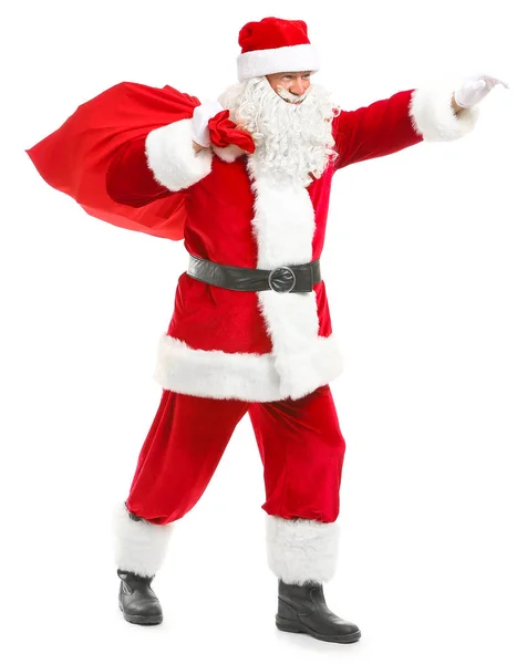 Portret van de kerstman met zak op witte achtergrond — Stockfoto