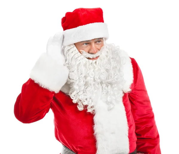 Retrato de Papai Noel tentando ouvir algo sobre fundo branco — Fotografia de Stock