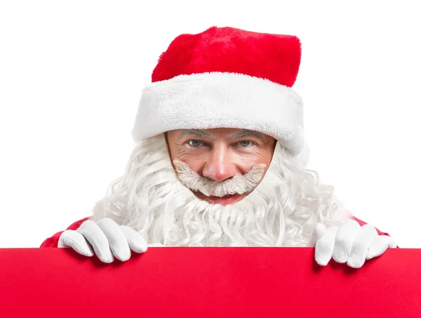 Retrato de Papai Noel com cartaz em branco sobre fundo branco — Fotografia de Stock