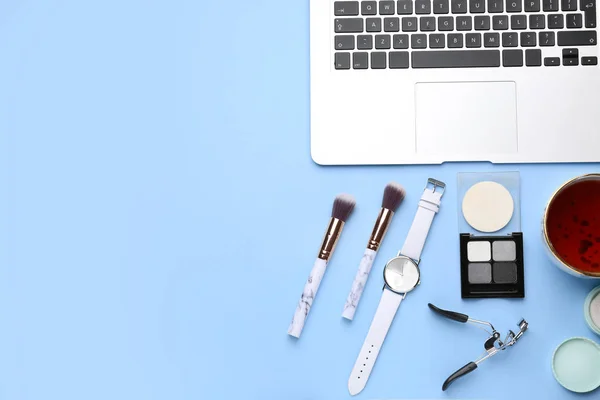 Workplace of beauty blogger on color background — Stock Photo, Image