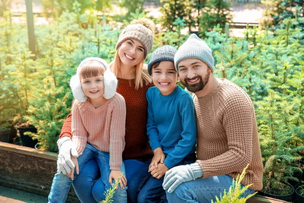 Familia feliz en el mercado de árboles de Navidad — Foto de Stock