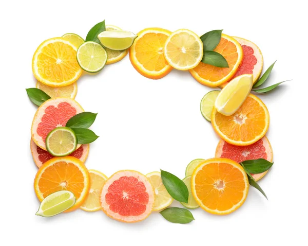 Frame made of different citrus fruits on white background — Stock Photo, Image