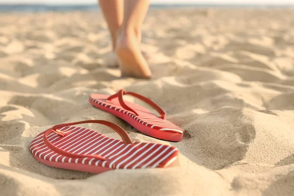 stock image Flip-flops on sand beach at resort