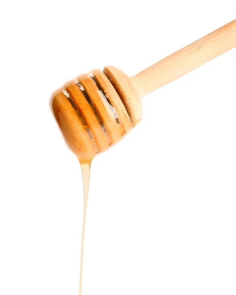 Tarro de miel de madera sobre fondo blanco — Foto de Stock