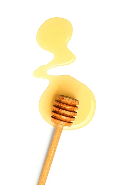 Κουτάλα ξύλινη μέλι σε άσπρο φόντο — Φωτογραφία Αρχείου