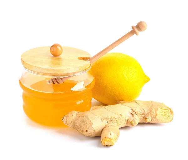 Jar of fresh honey, lemon and ginger on white background — Stock Photo, Image