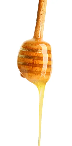 흰색 배경에 나무 꿀 디퍼 — 스톡 사진