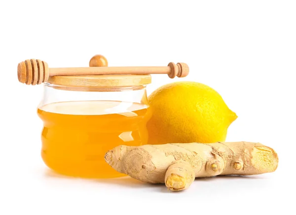 Jar of fresh honey, lemon and ginger on white background — Stock Photo, Image