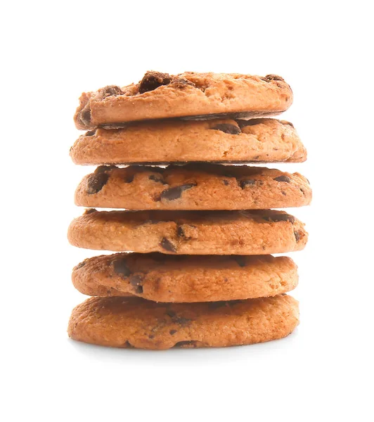 Stack of tasty cookies with chocolate chips on white background — Stock Photo, Image