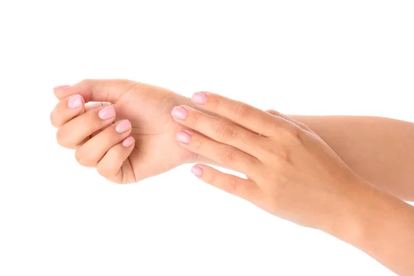 Kobiecych rąk z piękny manicure na białym tle — Zdjęcie stockowe