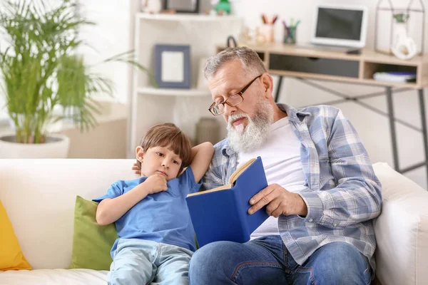 Χαριτωμένο μικρό αγόρι διαβάζει το βιβλίο με τον παππού στο σπίτι — Φωτογραφία Αρχείου