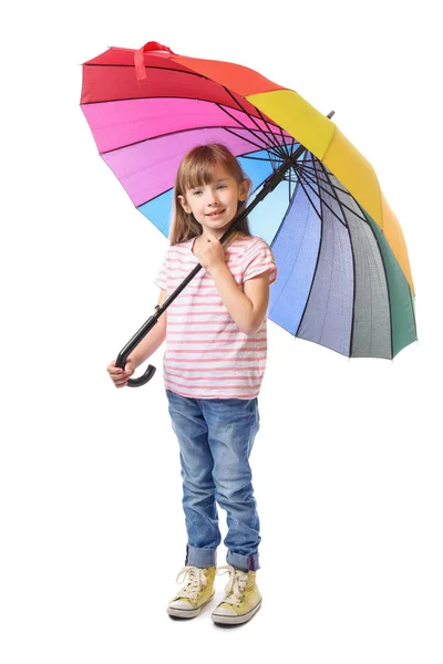 Linda niña con paraguas sobre fondo blanco — Foto de Stock