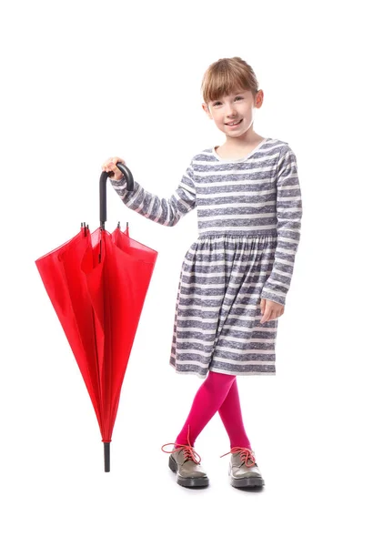 Linda niña con paraguas sobre fondo blanco — Foto de Stock