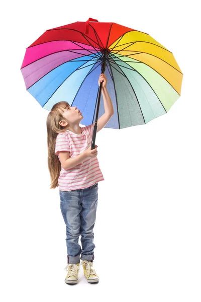 Cute little girl with umbrella on white background — Stock Photo, Image