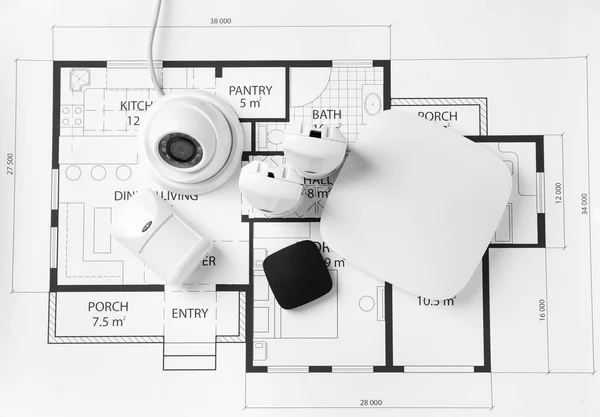 Different equipment of security system on home plan — Stock Photo, Image