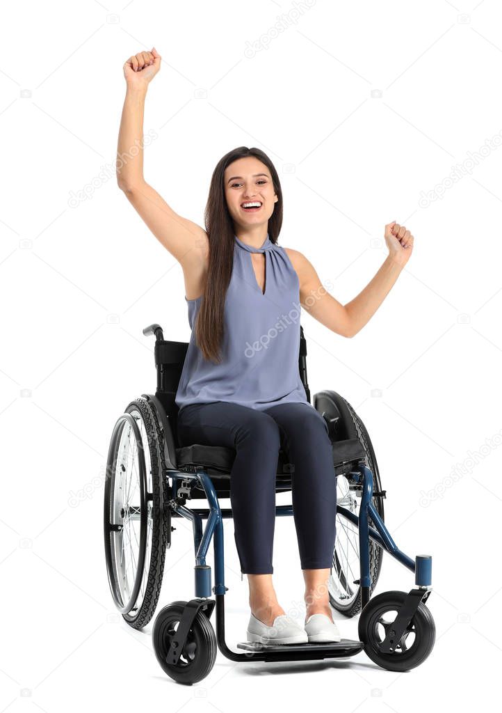 Happy businesswoman in wheelchair on white background