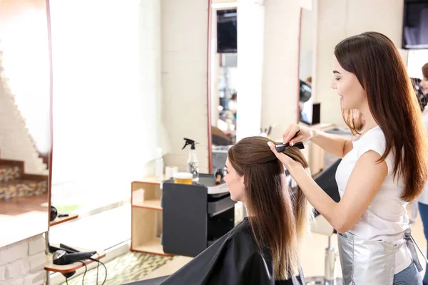 Female hairdresser working with client in salon — Stock Photo, Image