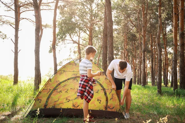 Padre e il suo figlioletto piantare tenda da campeggio nella foresta — Foto Stock