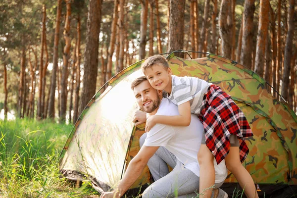 Apa és az ő kisfiát elhelyezés fel kemping sátor erdőben — Stock Fotó