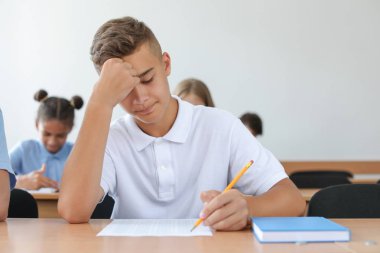 Sınıfta okul testini geçen genç çocuk