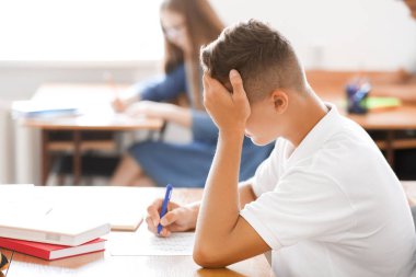 Sınıfta okul testini geçen genç çocuk