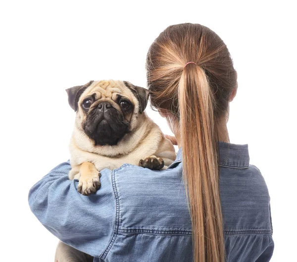 Beautiful young woman with cute pug dog on white background — Stock Photo, Image