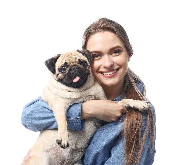 Beautiful young woman with cute pug dog on white background — Stock Photo, Image