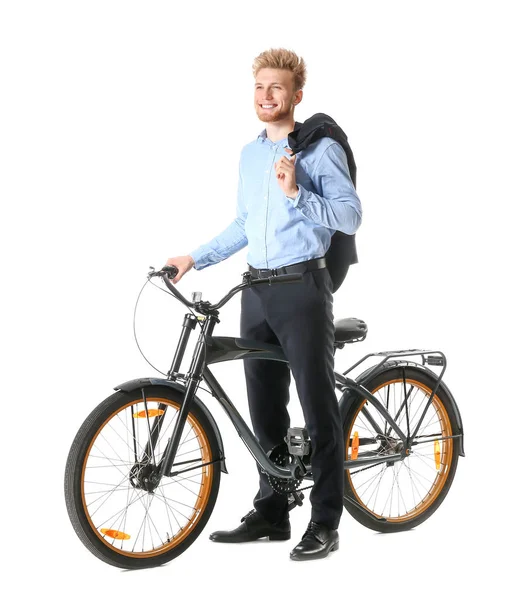 Jungunternehmer mit Fahrrad auf weißem Hintergrund — Stockfoto