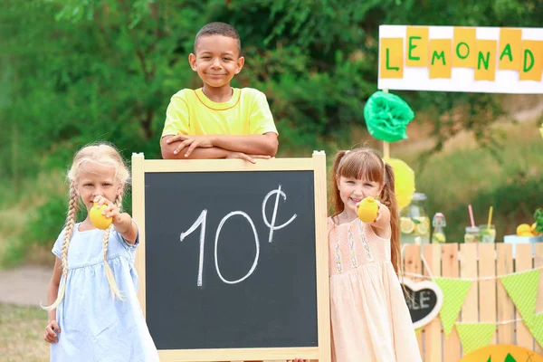 귀여운 어린이들이 공원에서 레모네이드를 파는 모습 — 스톡 사진