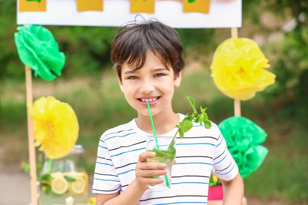 Cute little boy drinking lemonade in park — Stock Photo, Image