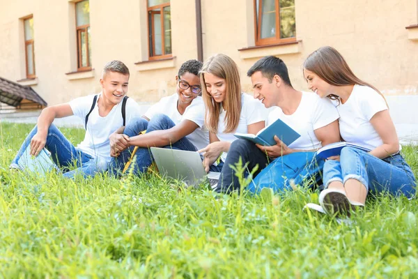 Retrato de jóvenes estudiantes con portátil sentado en la hierba al aire libre —  Fotos de Stock