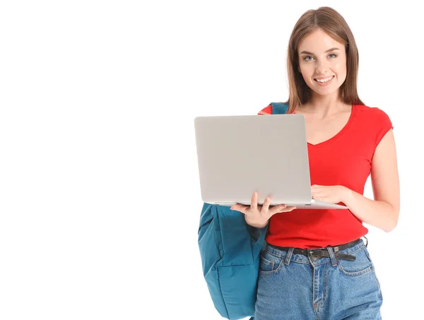 Portret van jonge student met laptop op witte achtergrond — Stockfoto