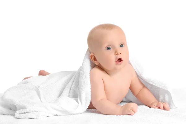 Adorable little baby with towel on white background — Stock Photo, Image