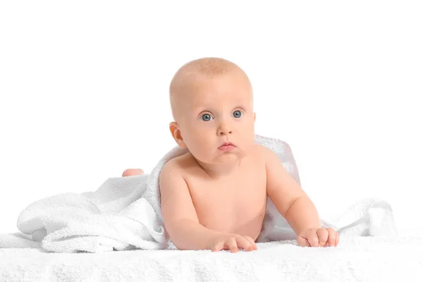 Adorable little baby with towel on white background — Stock Photo, Image