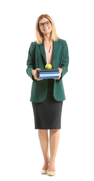 Piękne kobiece nauczyciel z książek i jabłko na białym tle — Zdjęcie stockowe