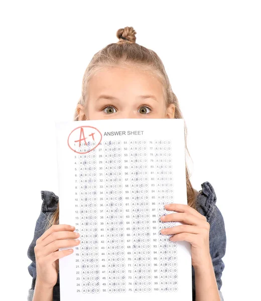 Girl with answer sheet for school test on white background — Stock Photo, Image