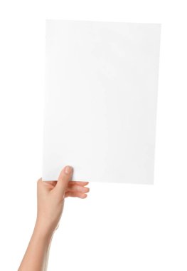 Beyaz arka plan üzerinde boş poster ile Kadın el