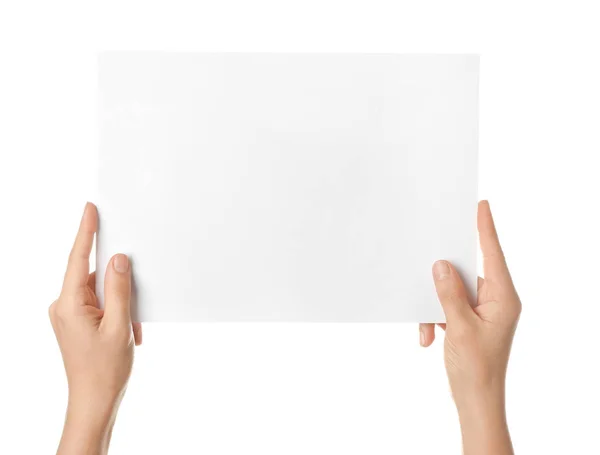 Frauenhände mit leerem Poster auf weißem Hintergrund — Stockfoto