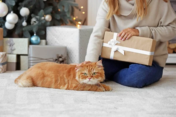 Frau mit Weihnachtsgeschenk und süßer Katze zu Hause — Stockfoto