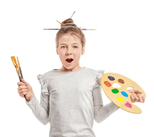 Surprised little artist on white background — Stock Photo, Image