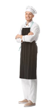 Beyaz arka planda yakışıklı erkek şef