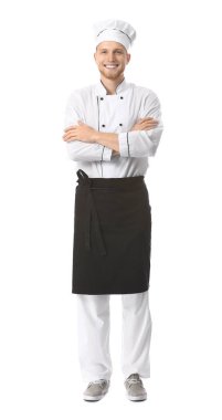 Beyaz arka planda yakışıklı erkek şef