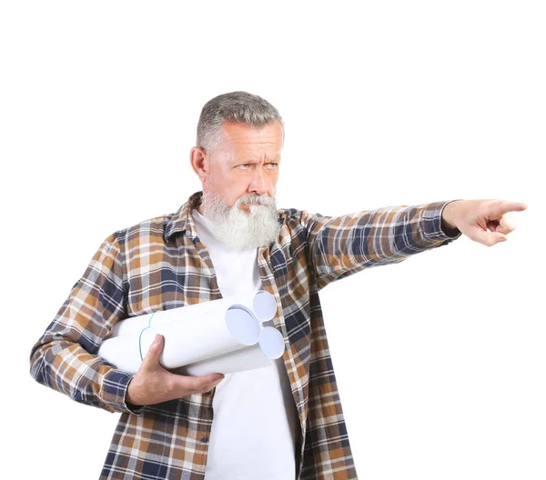 Mature male architect pointing at something on white background — Stock Photo, Image