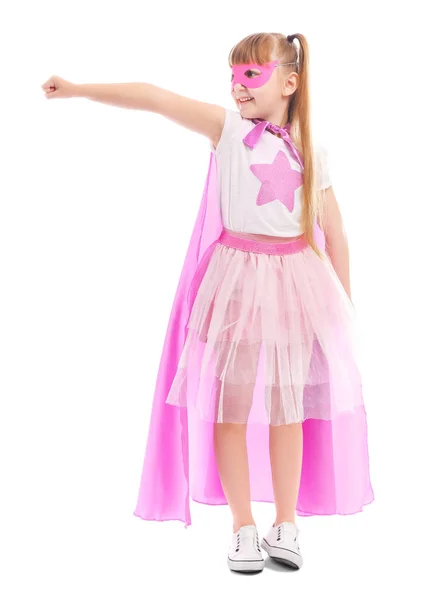 Schattig klein meisje gekleed als superheld op witte achtergrond — Stockfoto
