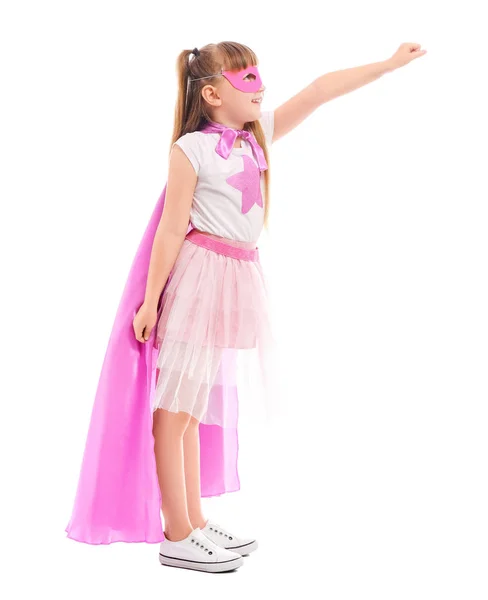 Cute little girl dressed as superhero on white background — Stock Photo, Image